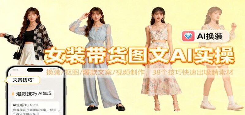 女装带货图文AI实操，换装/抠图/爆款文案/视频制作，38个技巧快速出吸睛素材-橘子资源网